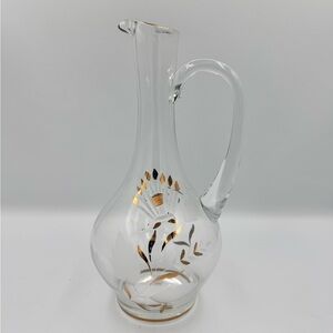 Vintage Hand Blown Glass Pitcher Applied Handle Etched with Gold Gild